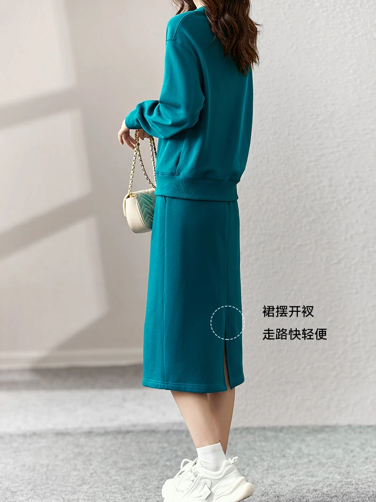 Vimly Peacock Blue Sweatshirt Skirt Two Piece Sets for Women 2023 Autumn Long Sleeve Tops Midi Split Skirt Fall Outfits V3955