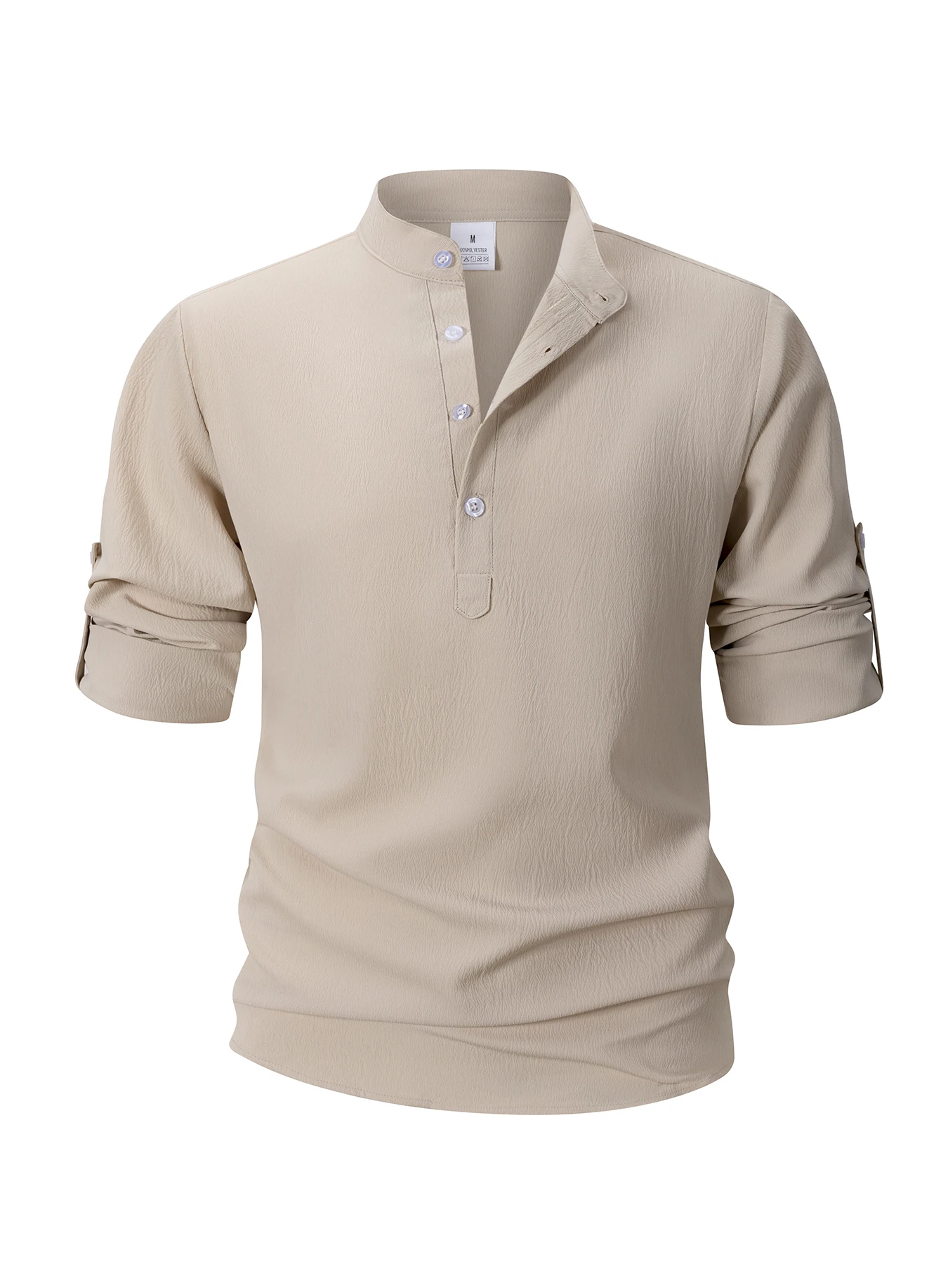 Men's Mandarin Collar Henley Shirt Wrinkled Textured Long Sleeve Half Button-Up Casual Business Daily Wear Top