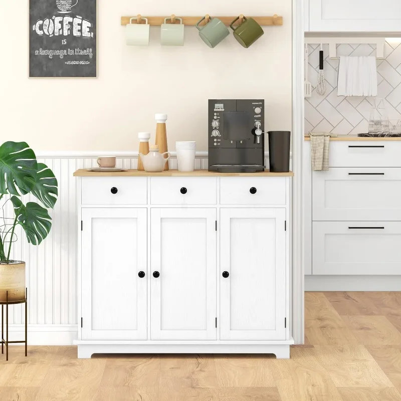 Sideboard with Solid Wood Countertop,Modern Kitchen Storage Cabinet,Coffee Bar Cabinet with 3 Drawers,Doors and Adjustable Shelf