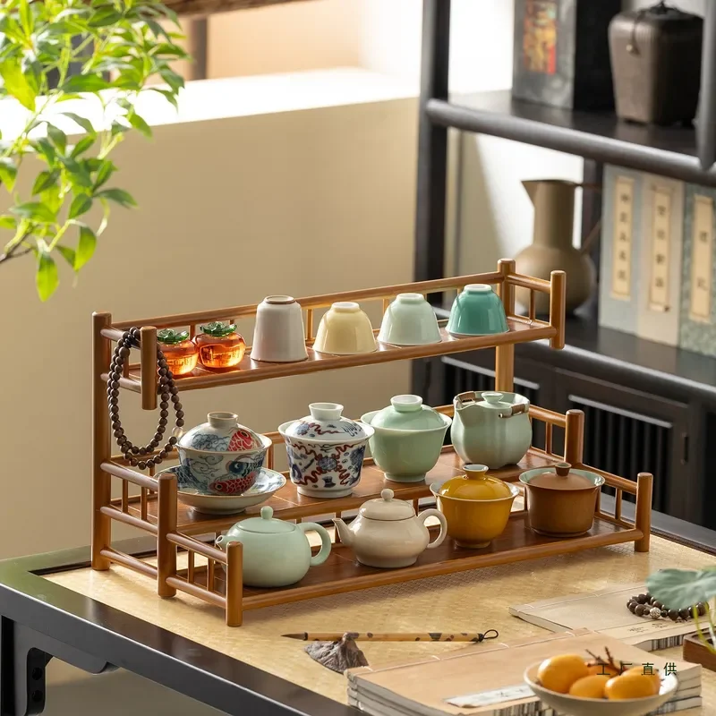 Retro Chinese Style Teacup Display Shelf Small Desktop Bogu Rack for Tea Set Storage Ornament Home Decor Wooden Stand Vintage