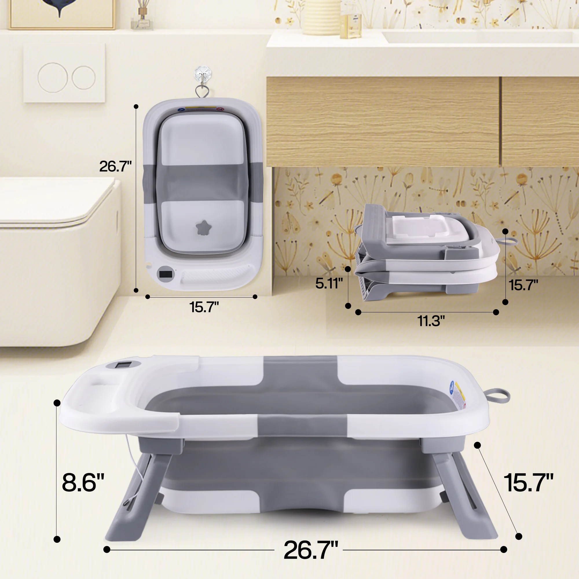 Baby Bathtub,Baby Bath Tub with Soft Cushion & Thermometer grey