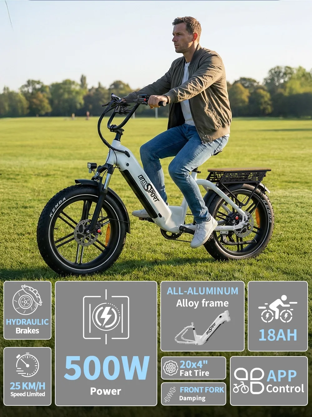 ONESPORT OT08 Electric Bike 500W Motor,48V 18Ah Removable Battery,80-90km Range,20*4.0 Inch Tires,IPX4 Waterproof E-Bike