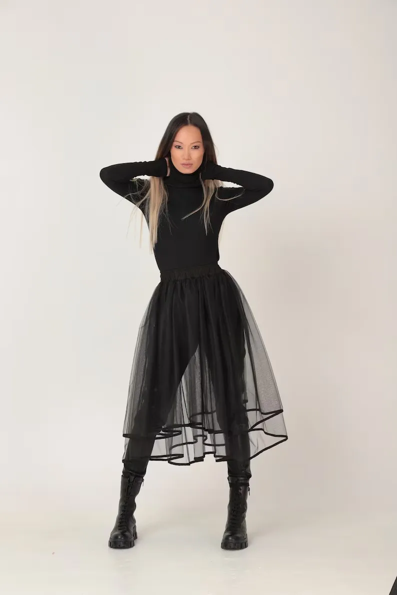 Newest Black See Thru Women Tulle Maxi Skirts With Satin Egde Over Wrap Skirt Female Tutu Tulle Maxi Skirt