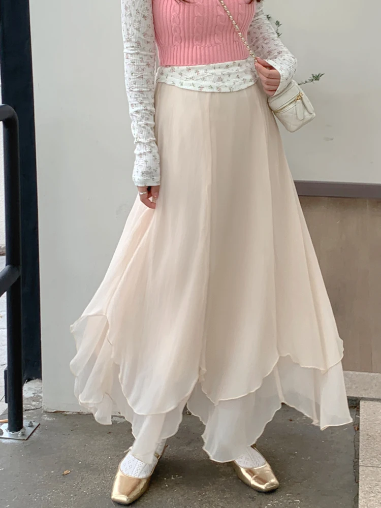 

ZY Apricot A-Line Me f Skirt Women's Summer Slimming Versatile Elastic Waist Multi-Layer Gentle Uneven Hem Skirt