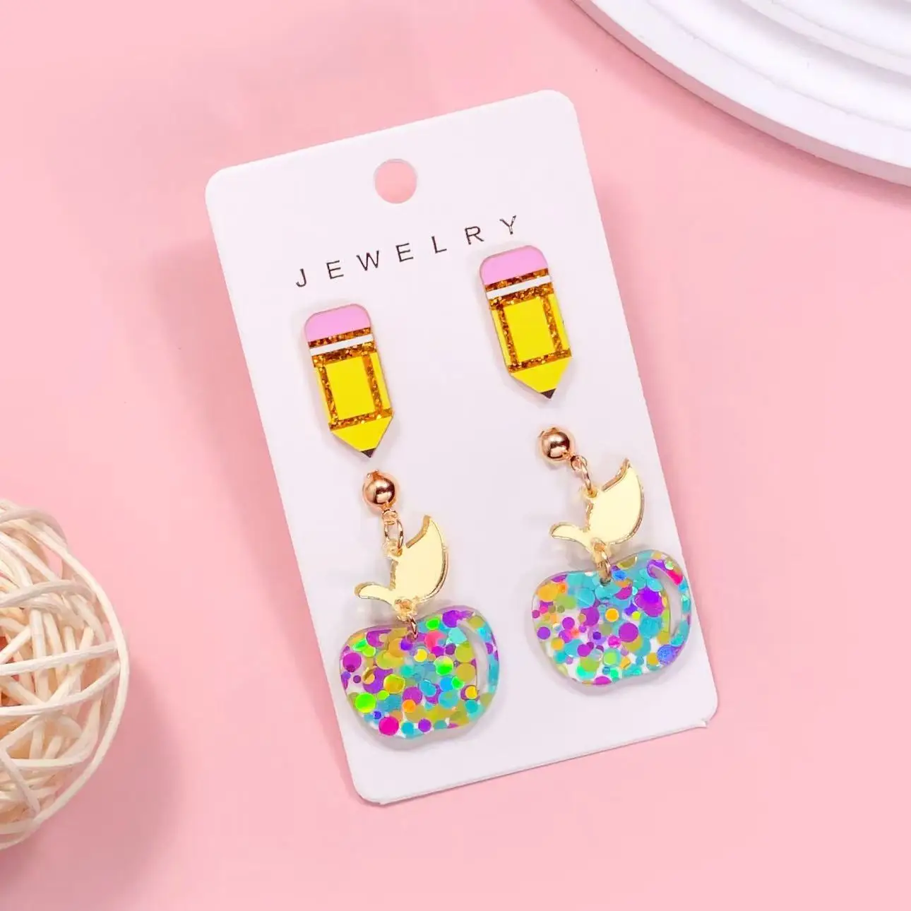 A Pair of Back-to-school Season Bling-bling Acrylic Apple Earrings with Water Ripple Leaf Design, Featuring Red Apple Sequins. C