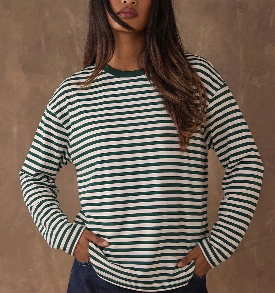 

Women's Fashion Striped Long Sleeve T-Shirt round Neck Pullover Top New 2026 Style