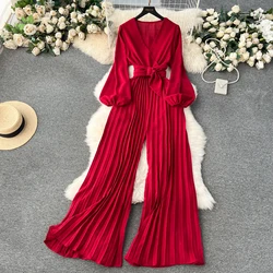 ALPHALMODA 2024 Lantern Sleeve V-neck Jumpsuit Women Fashion Pleated Wide Leg Overall Outfit Sashes Trendy Garment