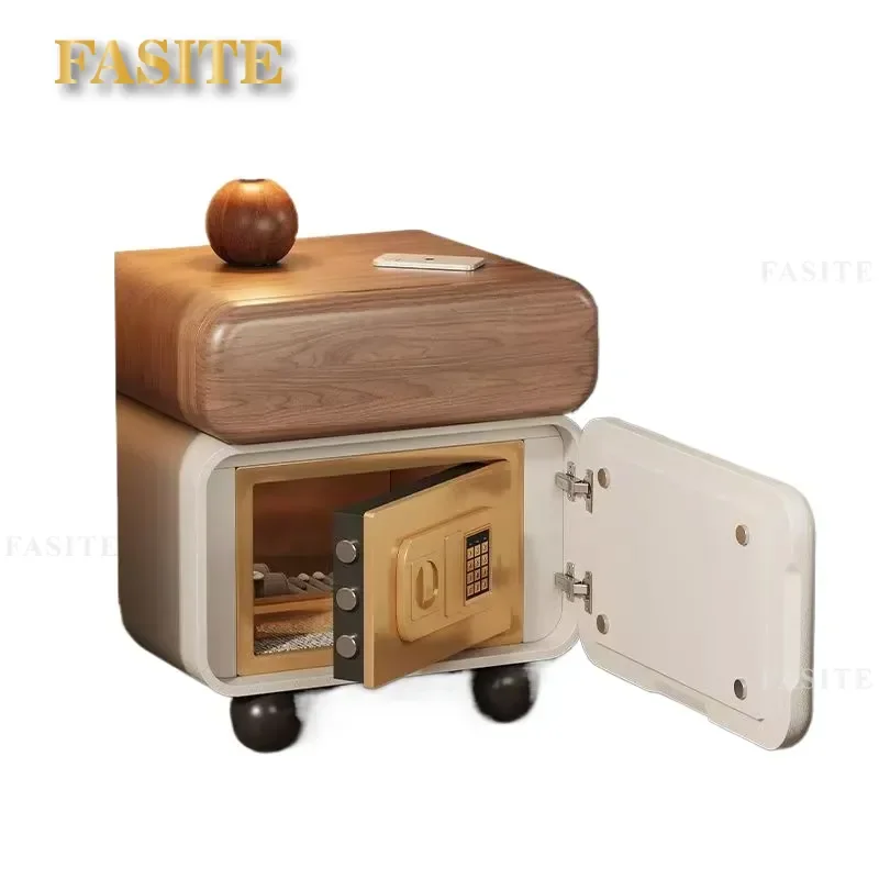For Bedroom Modern Simple Bedside Table with Integrated Safe Pure Solid Wood Frame Multi-functional Password Storage