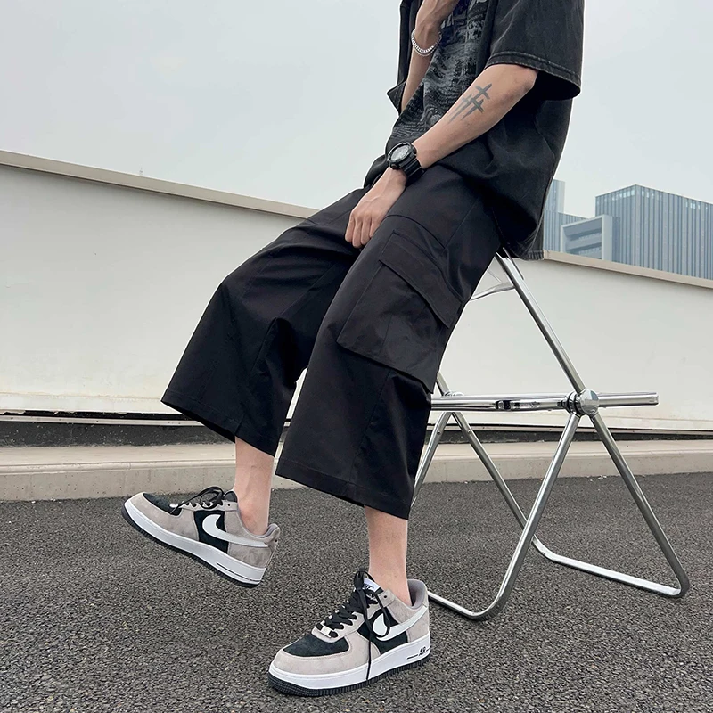 Summer Casual Pants Men Fashion Black Cargo Pants Men Japanese Streetwear Hip-hop Loose Wide Leg Pants Men Calf-Length Pants