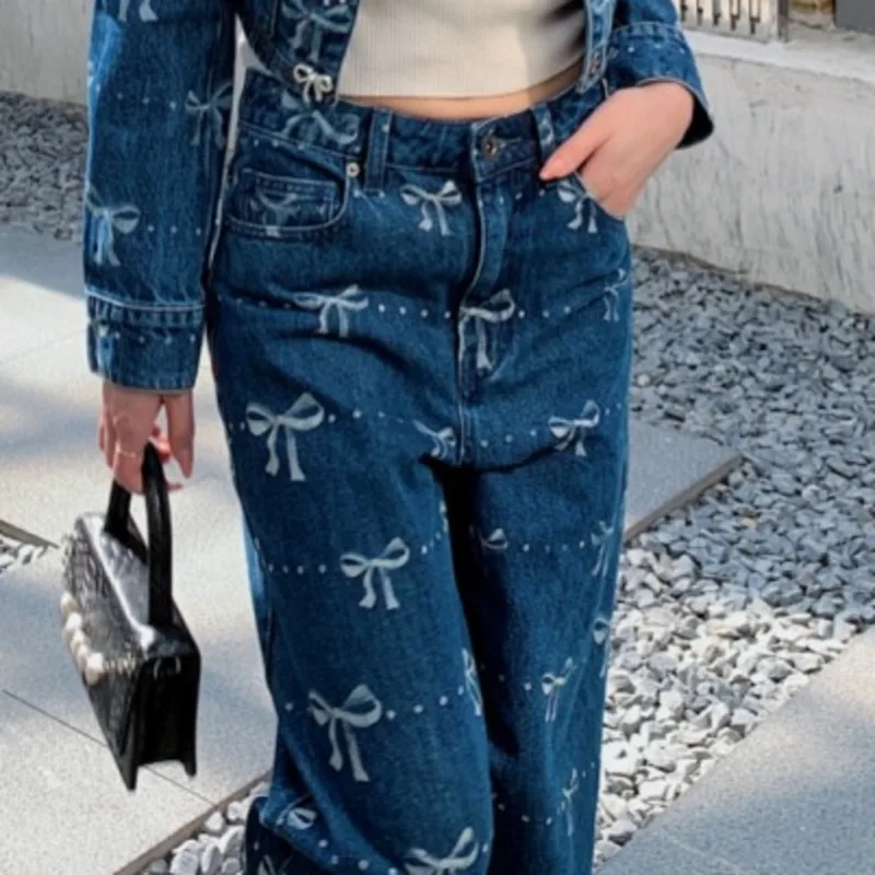 ANJY otoño nueva mujer lazos decoración impreso fresco elegante tendencia pantalones vaqueros de pierna ancha moda versátil Chic pantalones vaqueros A11034