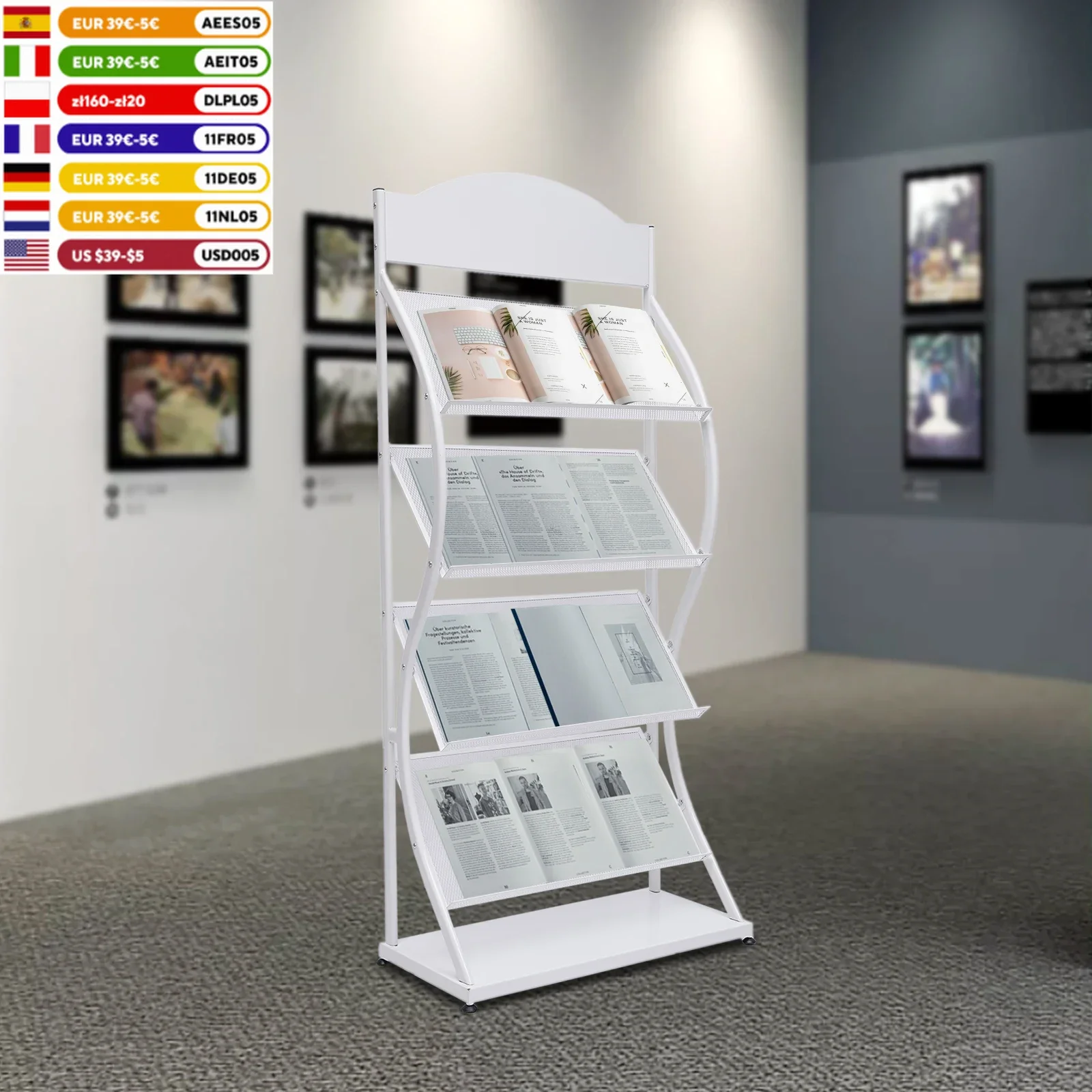 

4 Tier Minimalist White Floor-Stand Magazine Stand Cards Pamphlet Storage Rack Brochure Newspaper Display Holder