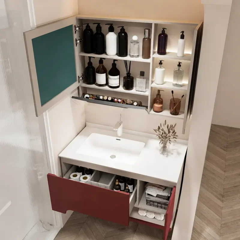 Painted Solid Wood Bathroom Cabinet with Drawer Rock Slab Basin Seamless Splicing Cosmetic Mirror Set Wall Mounted Vanity