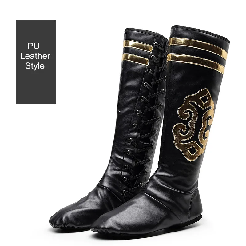 PU Genuine Leather Black Mongolian Boots for Men Chinese Minority Dance Shoes Fighter Tibetan Nationality Performance Boots