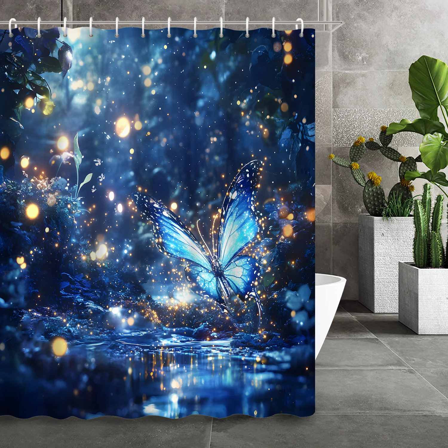 

Night Forest Jungle Blue Luminous Butterfly Shower Curtain with 12 Hooks - Decorative Bathroom Partition Accessory