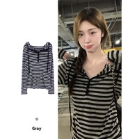 Long Sleeve Striped Hooded Pure Cotton T-Shirt Fashionable Design Slim Fit Casual Style Base Layer Top for Autumn