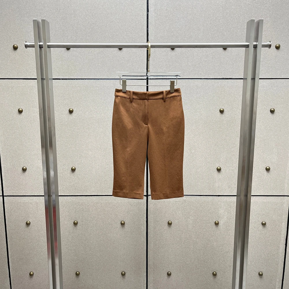 Ladies Mid Thigh Pants Cotton Mix Fabric Slim Straight Knee Shorts High Rise Workwear Elegant Daily Commuter Shorts