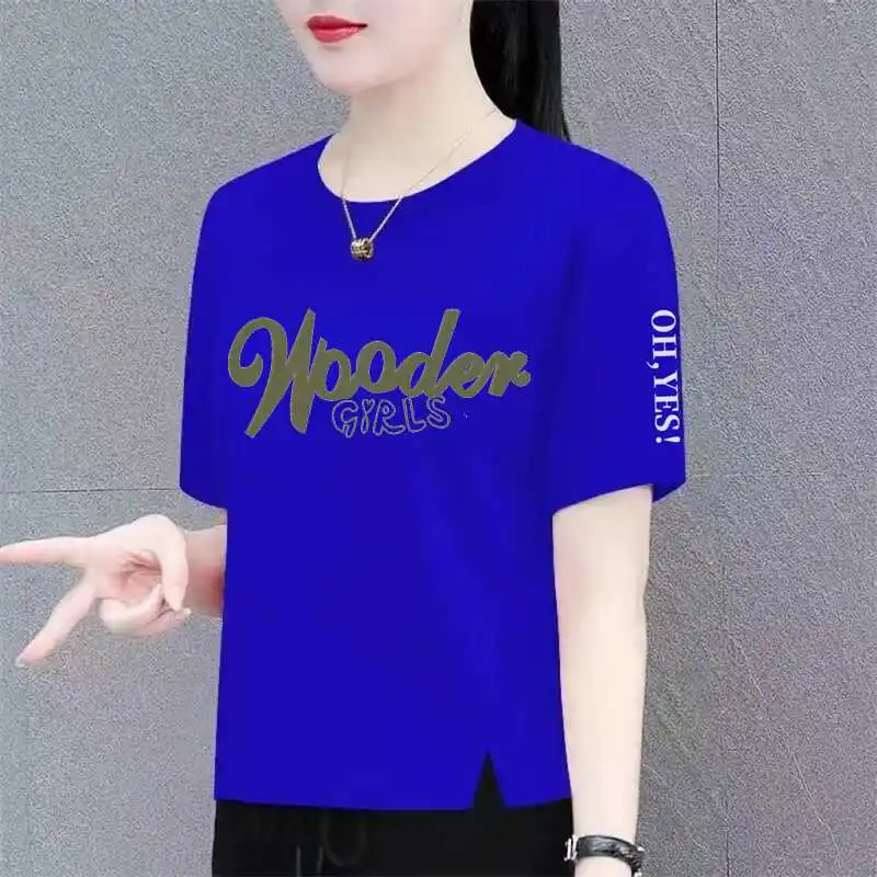 Mom's Fashion Midlife Summer Short Sleeve T-Shirt Women's Body Print High-End Asymmetrical Korean Style Casual Wear