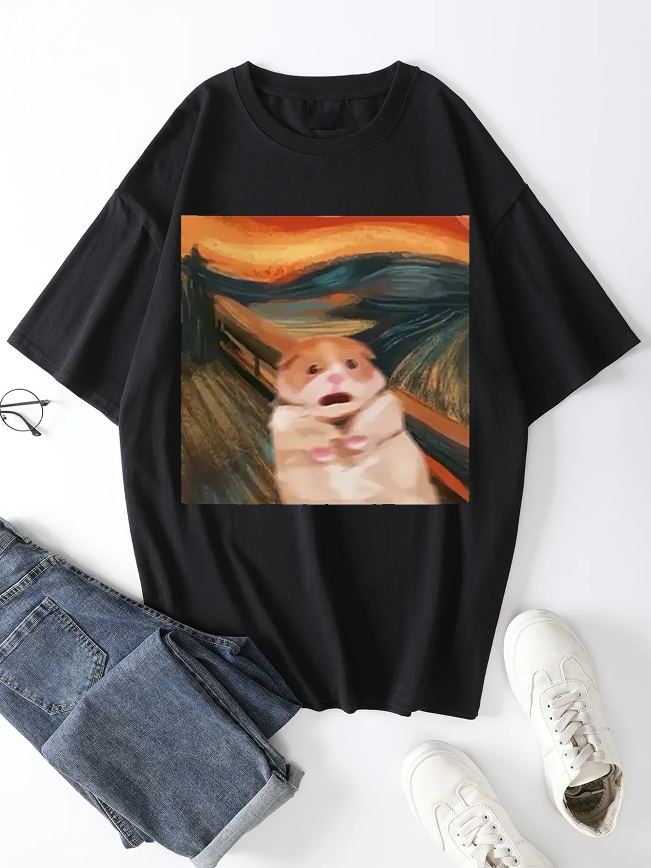 Funny Screaming Hamster Graphic Print Men's Creative Top Casual Short Sleeve Crew Neck T-shirt Clothing For Summer Outdoor
