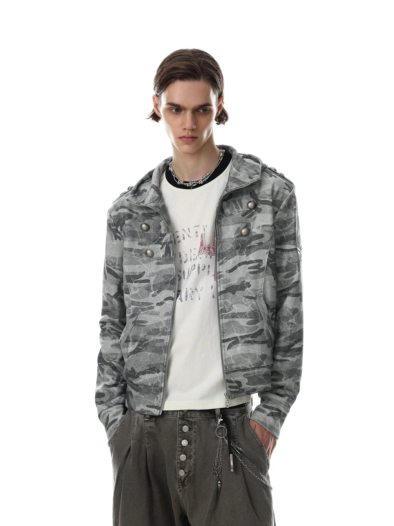 MRNEARLY American Retro Camouflage Hoodie Unisex Loose Street Short Trendy Outerwear Zipper Design Cotton Polyester Blend
