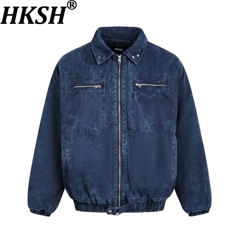 

HKSH 2025 Winter New Women Padded Coats Turn-down Collar Zipper Pockets Washed Denim American Retro Unisex Wadded Jacket HK13605