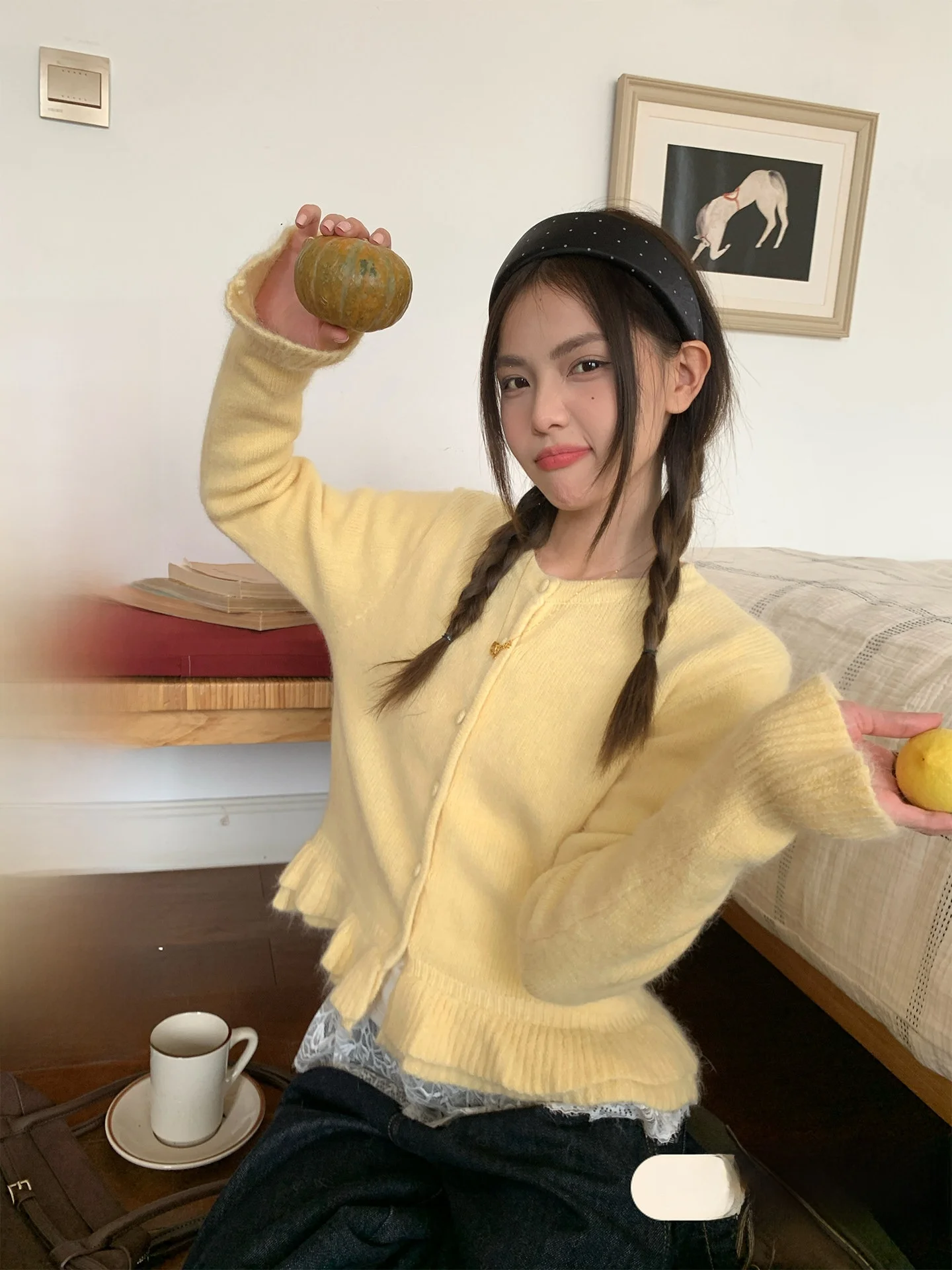 

Красивый вязаный открытый кардиган женский модный осенне-зимний гусиный желтый свитер с кружевным подолом Jaet Sweet Sle свободного покроя