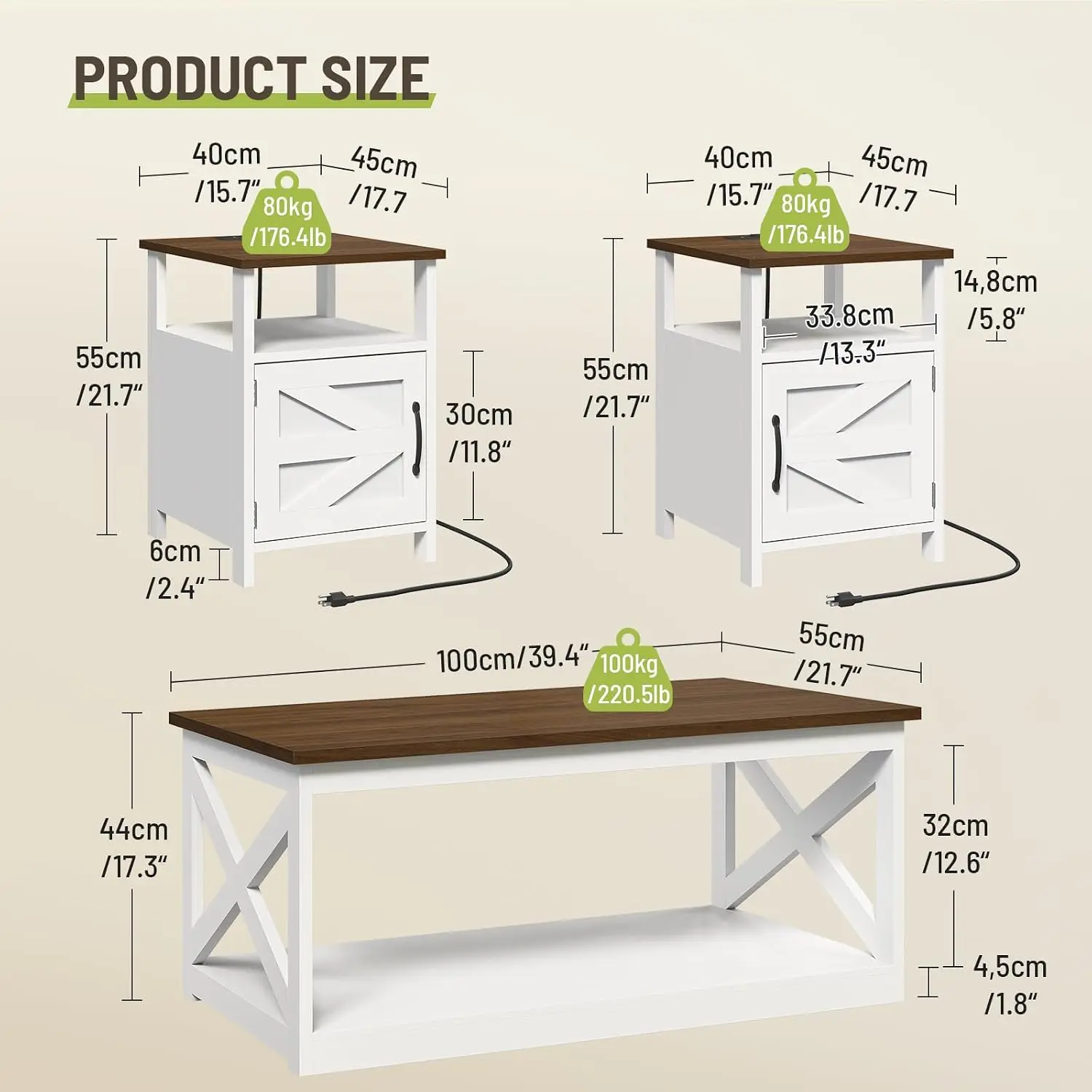 Farmhouse Coffee Table & End Table Set with AC & USB Ports for Living Room Office Apartment White Walnut, Customized
