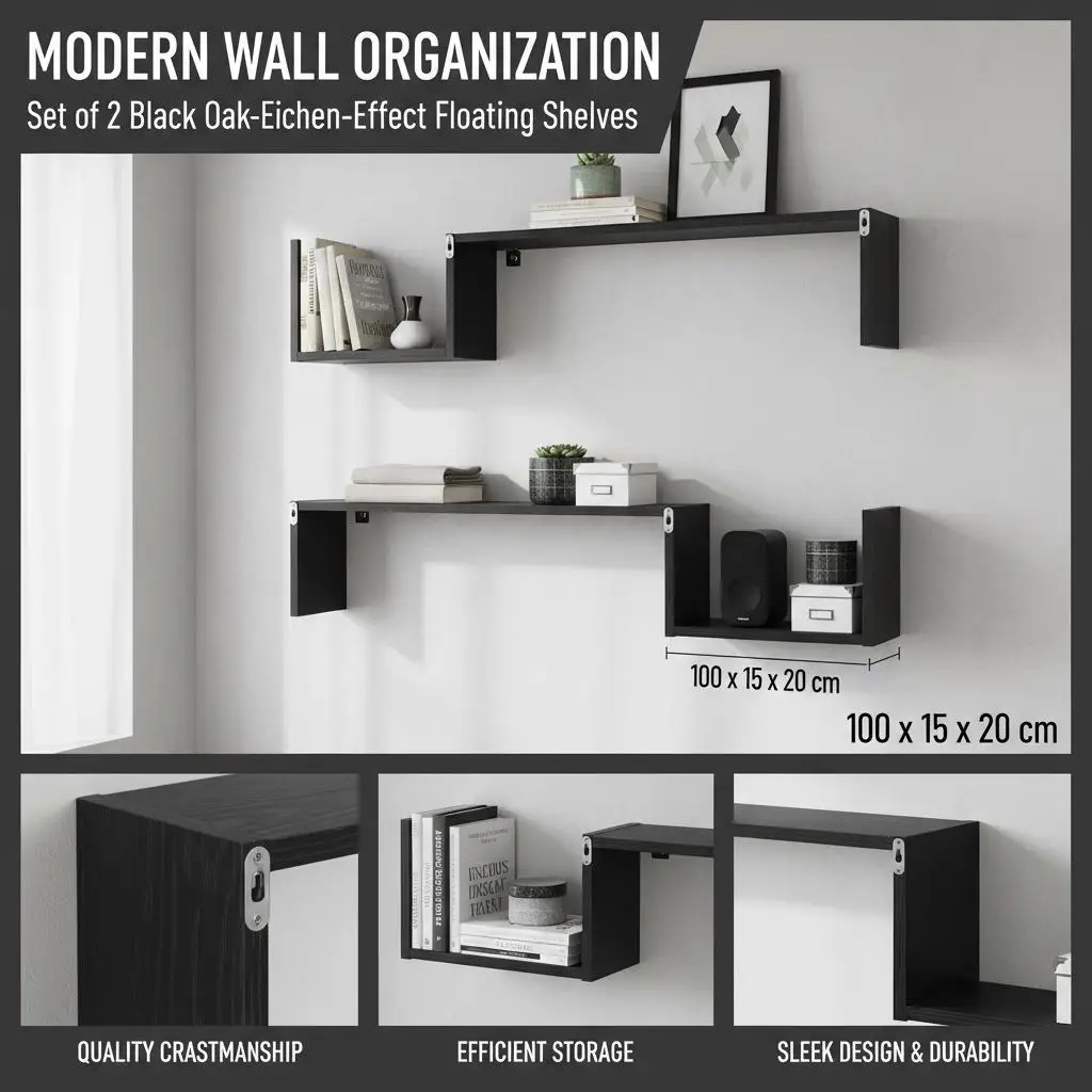 2er-Set Wandregale aus schwarzem Eichenholz, 100x15x20 cm, Holztechnik, moderne schwebende Regale für Aufbewahrung und Dekoration – Detail 5