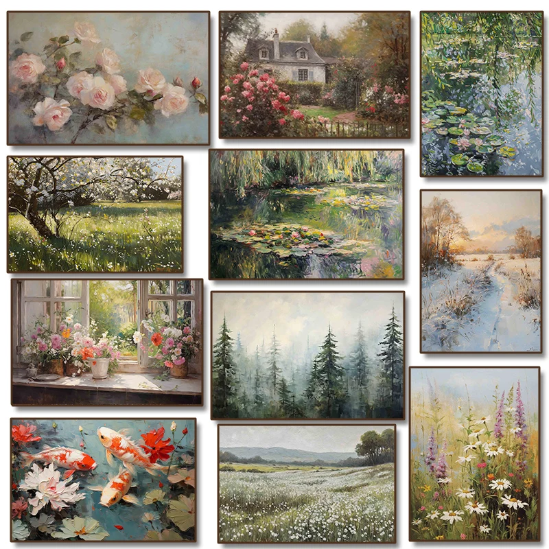 Lotus Koi Carp Spring Wildflower Country Field Landscape Muted Poster Canvas Painting Print for Living Room Home Farmhouse De