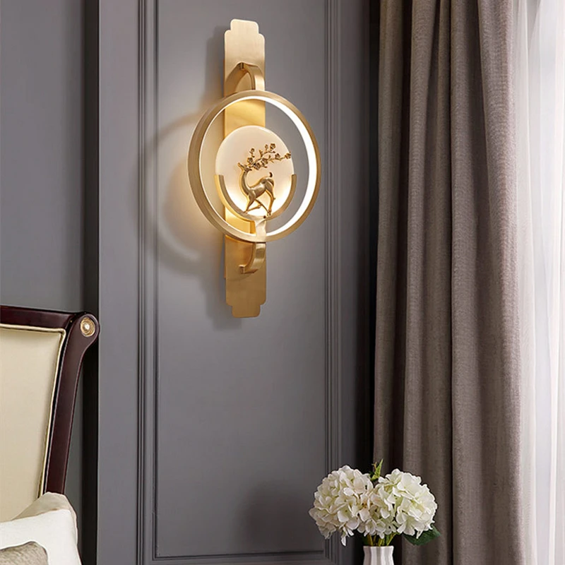 New Chinese Style Luxury Copper Sconce Modern Minimalist Marble Wall Light Background Wall Restaurant Bedside Decor Wall Lamp