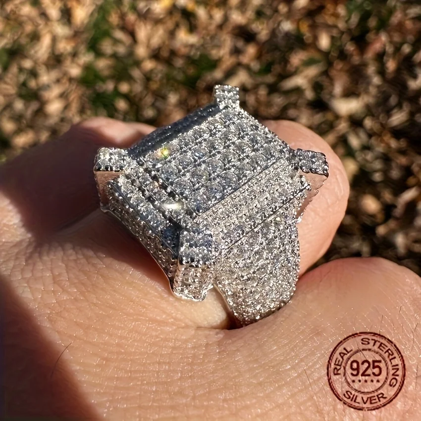 Exaggerated Luxury 925 Sterling Silver Rings Iced Out Zircon Shiny Mens Hip Hop Rapper Baguette Ring Vintage Trendy Jewelry