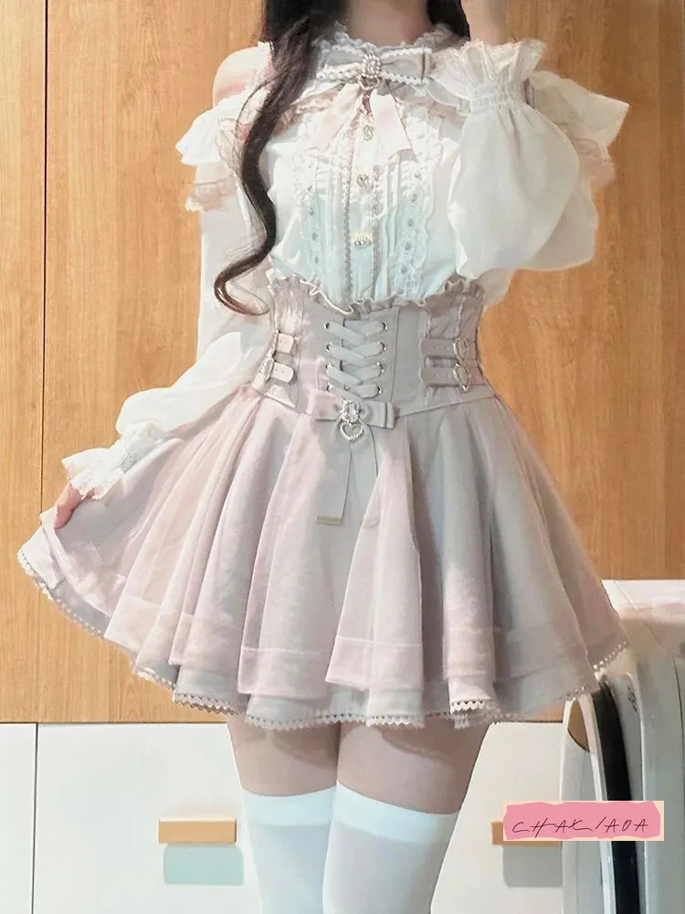 

Autumn and Winter Pink High-waisted Slim Skirt Two-piece Set Japanese Ruffle Edge White Off The Shoulder Long Sleeve Shirt Women