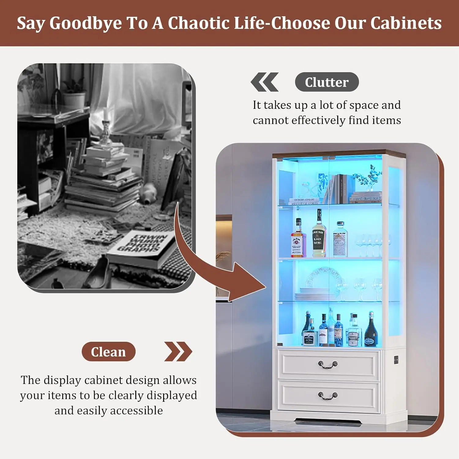 67" Tall Display Cabinet with Glass Doors and 2 Drawers, Stable Wooden Frame Curio Cabinet with Smart Human Sensor, Led Display Cases for Collectibles and Books, Living Room Office (White) view 6