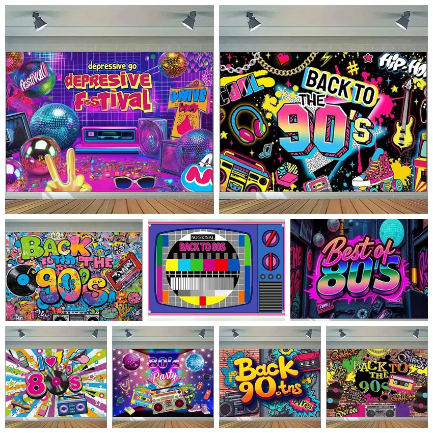 

Back to 90s 80s Retro Disco Backdrop Vintage TV Cassette Tape Record Graffiti Banner Party Decoration Photo Background Cloth