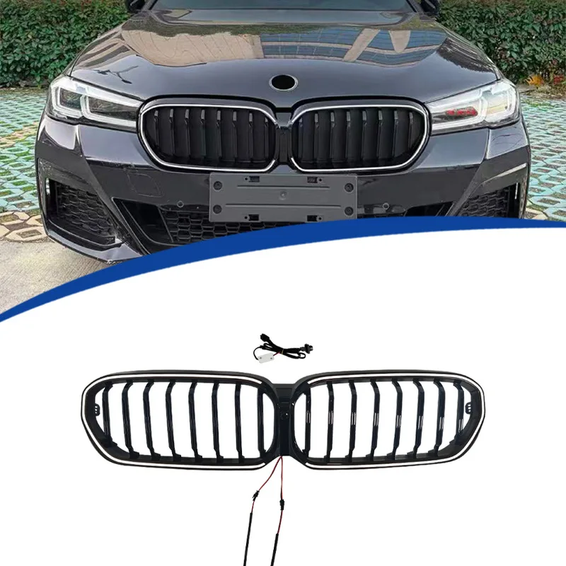 For 2021-2023 BMW 5 Series G30, Single Line Gloss Black LED Illuminated Kidney Grille, Aftermarket Direct Fit Replacement