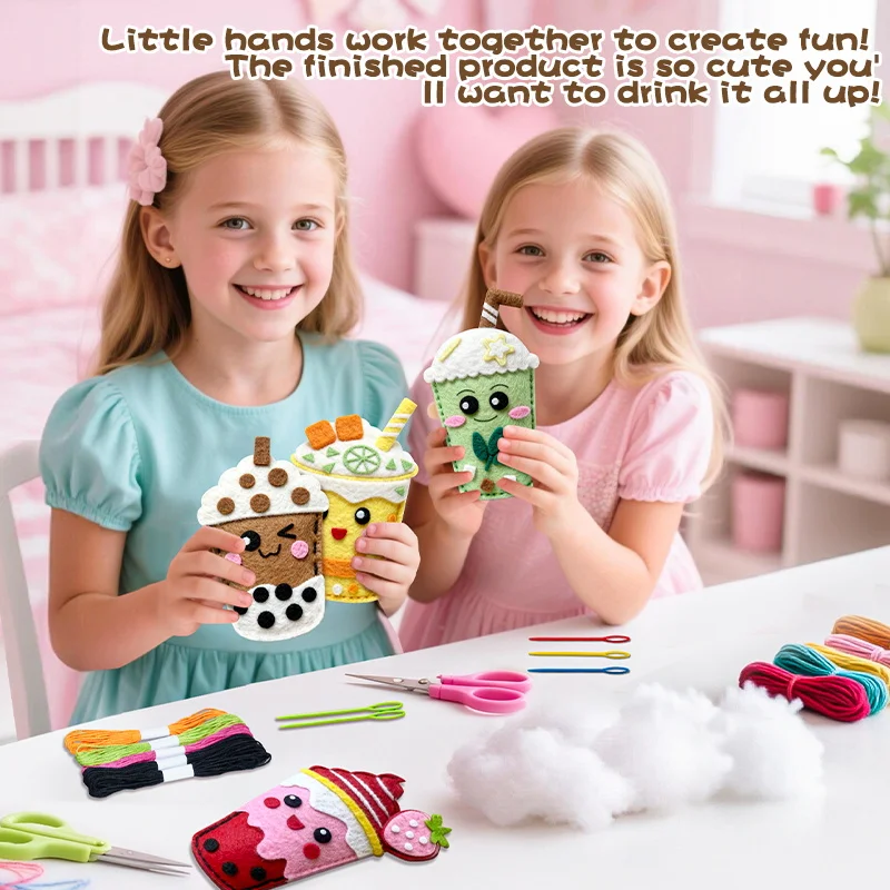 DIY Sewing Toys for Kids, Make Milk Tea Ocean Animal Plushie Craft Set Handmade Fabric with Holes and Threads Gifts