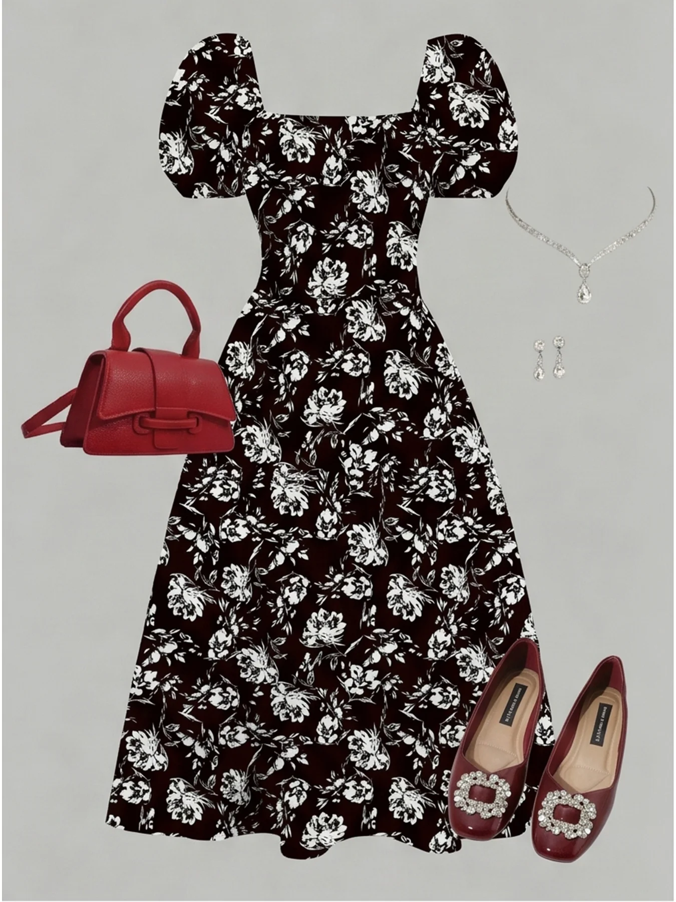 Leaf Print Square Collar Casual Dress for Children And Women Loose Short Sleeve Waist Cinching Long Skirt