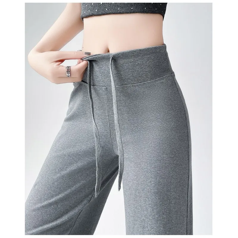 New Spring Autumn women air cotton casual pants drawstring style slimming high-waisted sporty straight leg drape wide-leg pants