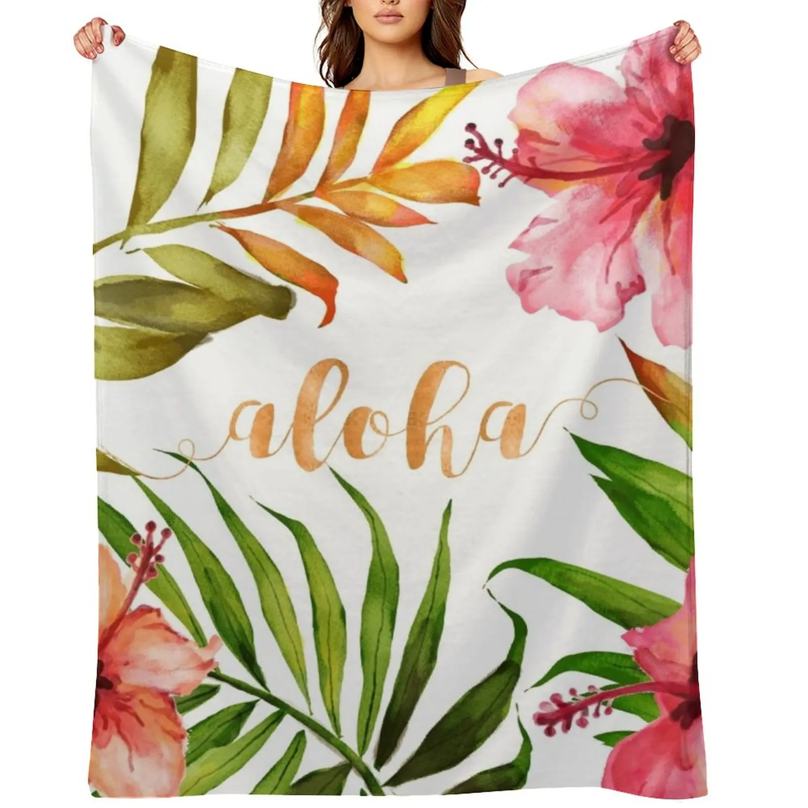 

Aloha Tropical Hawaiian Floral Watercolor Throw Blanket Plaid valentine gift ideas Sofas Blankets