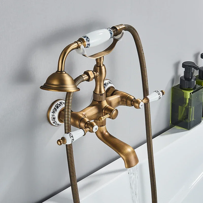 

Style Brass Bathtub Shower Faucet Set Dual Knobs Wall Mounted Bathtub Mixer with Handshower and Swivel Tub Spout Tap