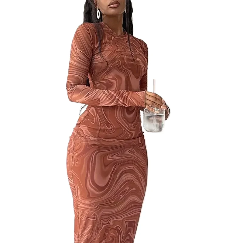 

Long Sleeve Bodycon Dresses Women Evening Party Clothes O-neck Mid Calf Sexy Vestidoes De Mujer One Piece Outfits Streetwear 759