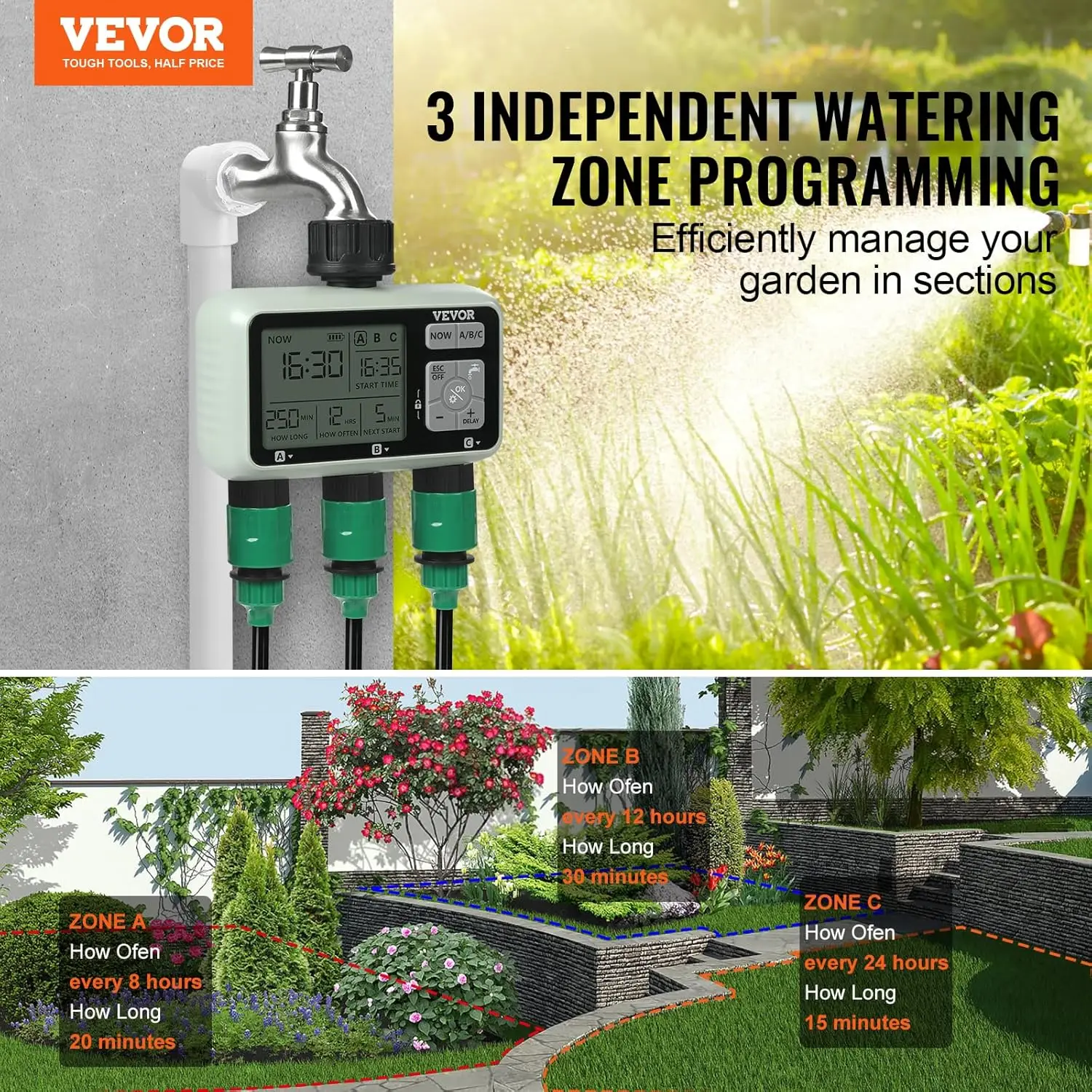 Water Timer, 3 Outlets, Hose Watering Sprinkler Timer, with 3 Independent Watering Zone LCD Display Rain Delay Mode Manual Mode