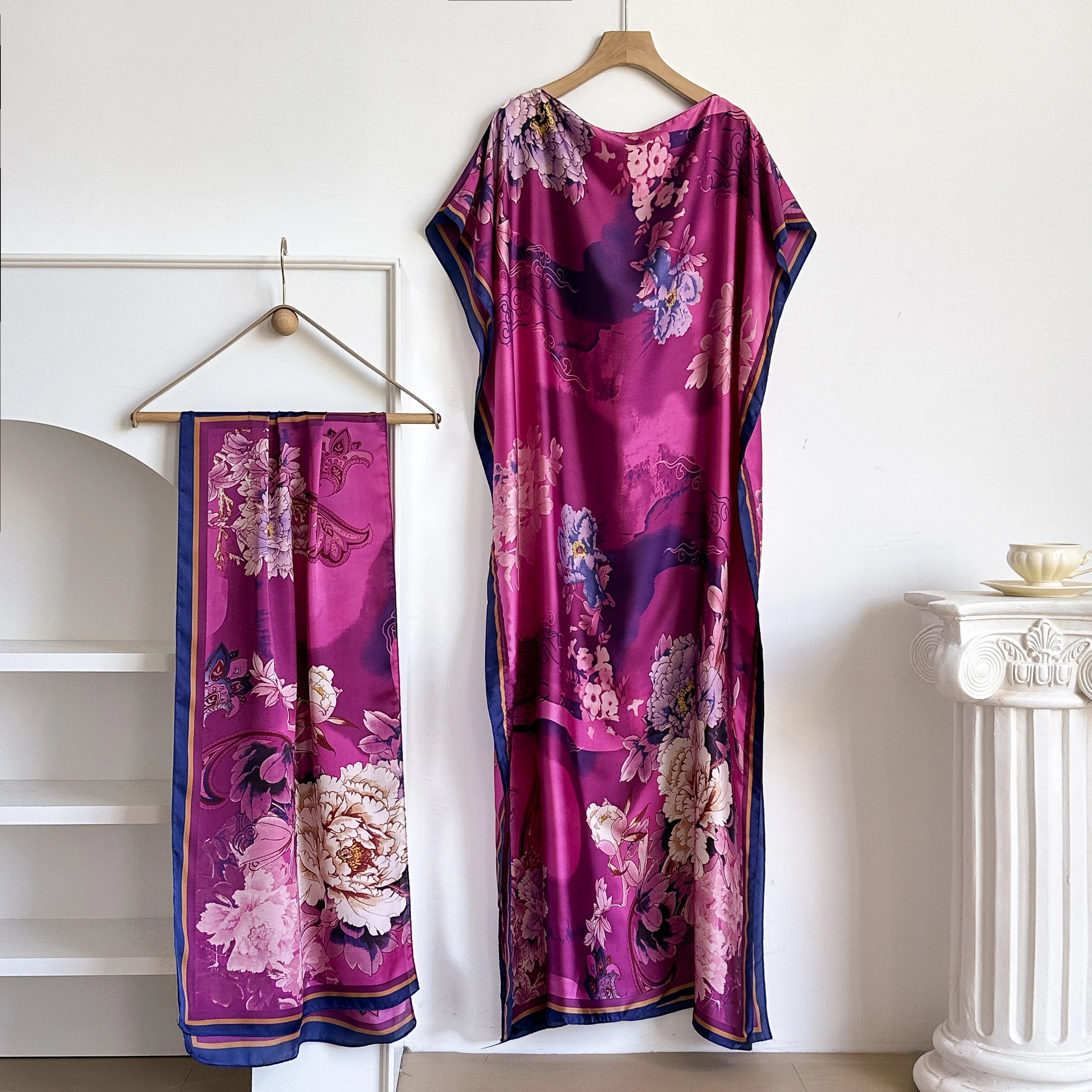 

Женское африканское повседневное летнее платье макси с большим платком, свободная абайя-кафтан, мусульманская роба, цветочный шарф в стиле Дубай/Турция MOOMOO