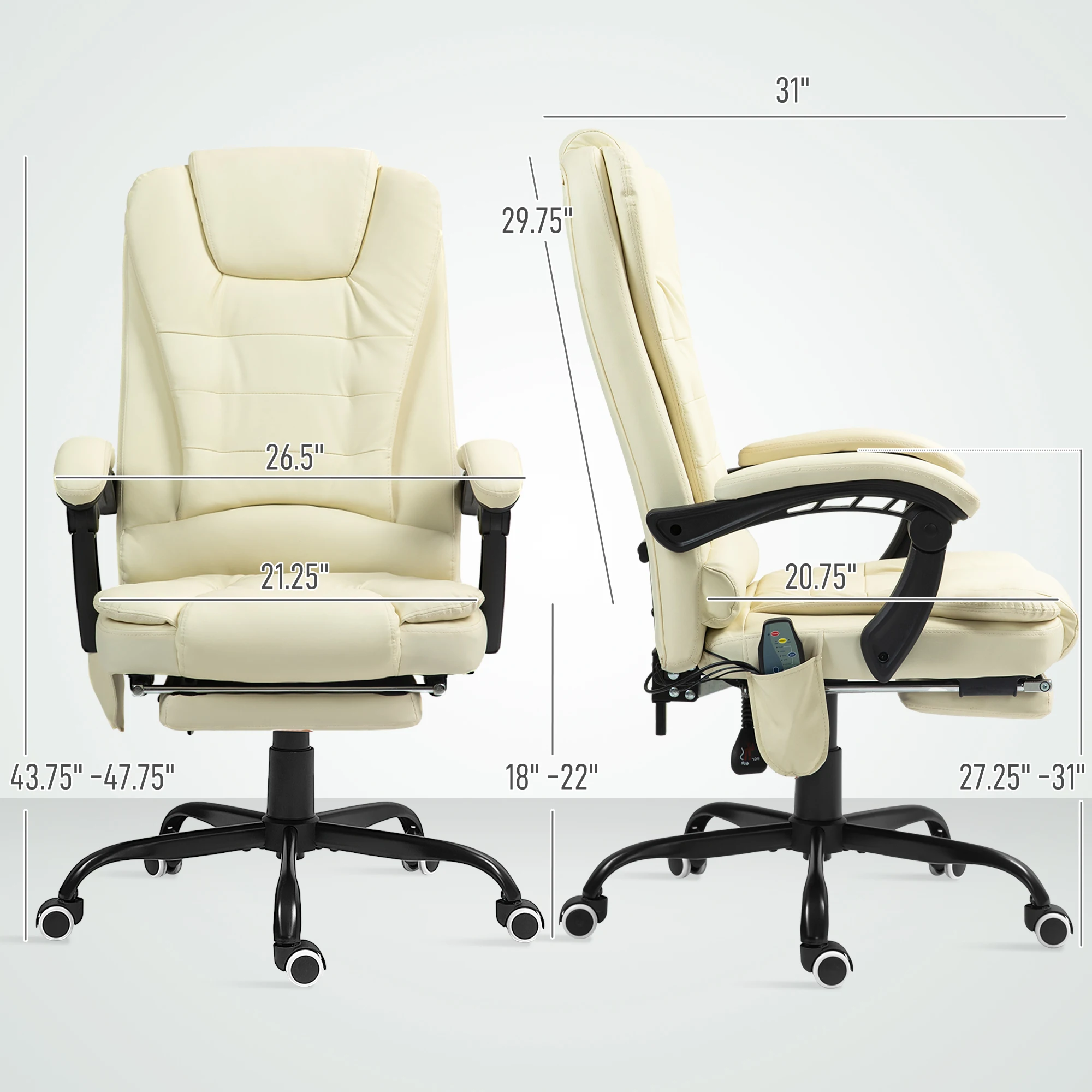 Pu Leather Massage Computer Chair W/ Padded Seat and Adjustable Height, Cream