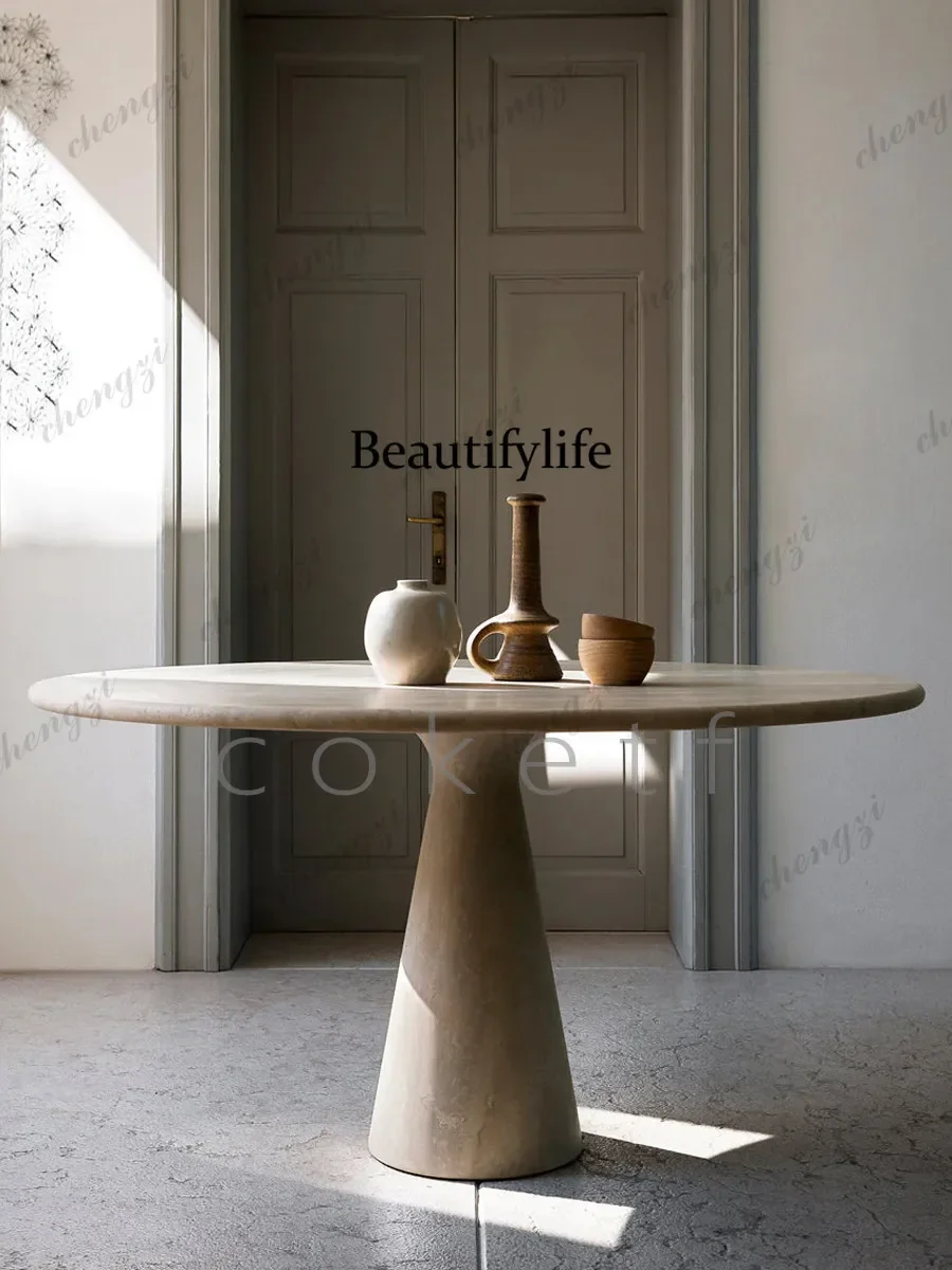 z183 Wabi Sand Travertine Round Living Room Dining Table Household Marble Dining Room Dining Table Negotiation Table