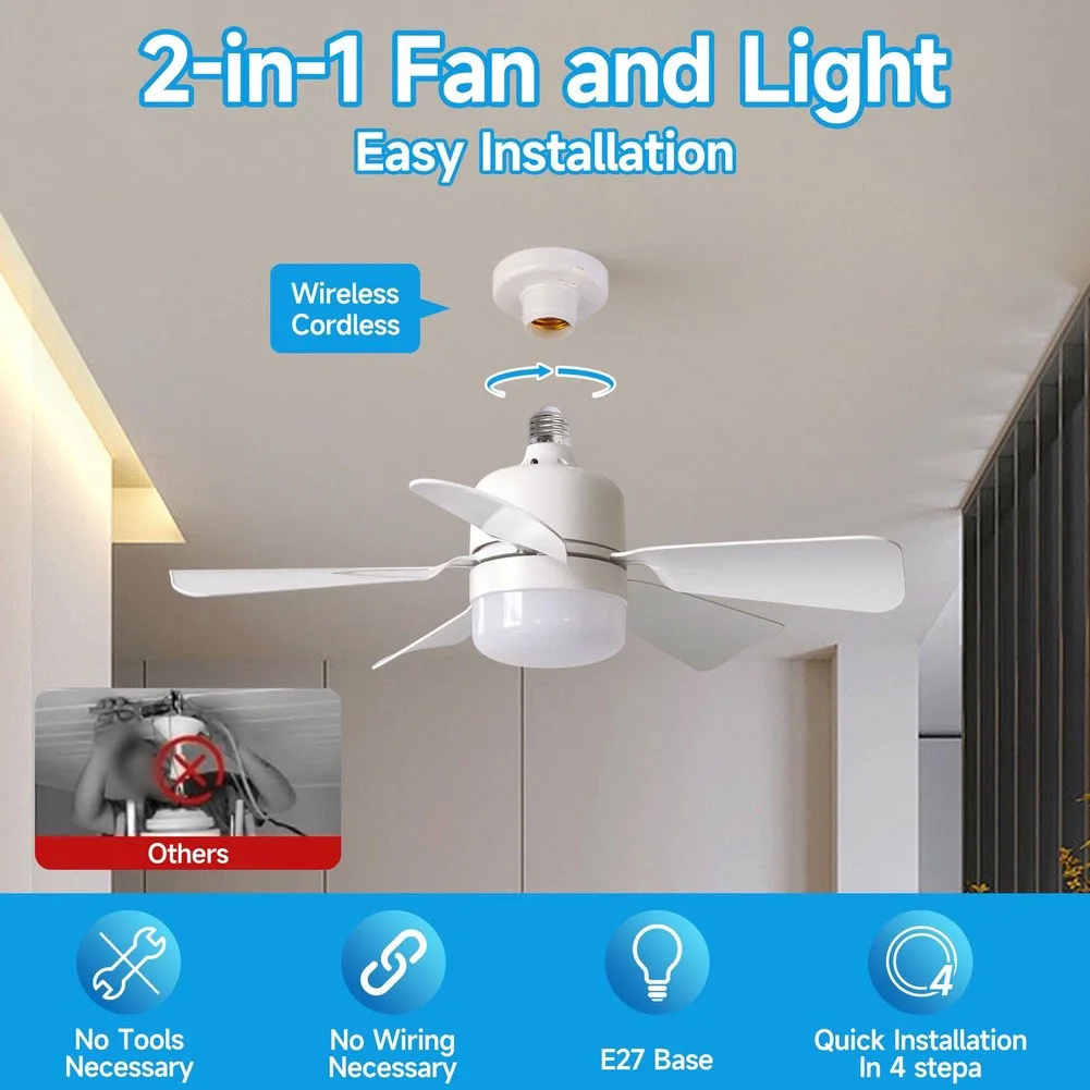 Remote Control Socket Fan Light 3 Dimmable LED Screw In Ceiling Fan For Small Bedroom Kitchen Home Air Quality Parts