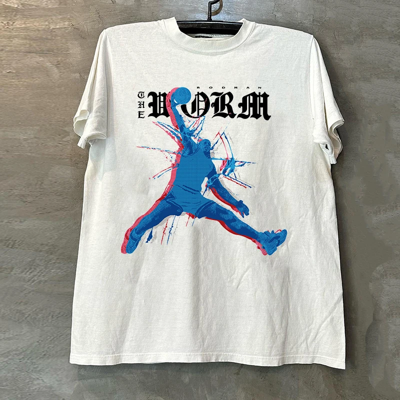 Rodman American Retro round Neck Short Sleeve T-Shirt Direct Spray Portrait Print Cotton Casual Comfortable Summer Top