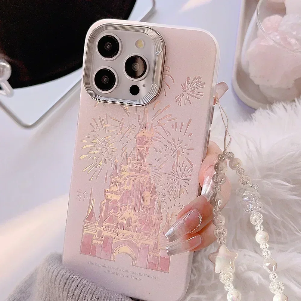 Pink Glitter Castle Phone Case with Lanyard for iPhone 15 14 13 12 Pro Max Plus Princess Fairytale Phone Case Cover