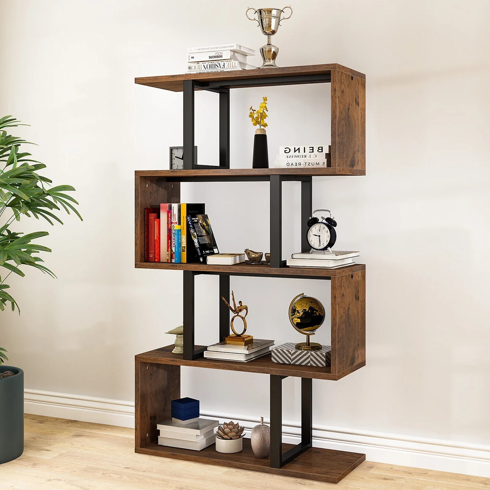 US 5 Tier Bookcase Wooden S-Shaped Z-Shelf Bookshelf Display Rack Storage Shelf