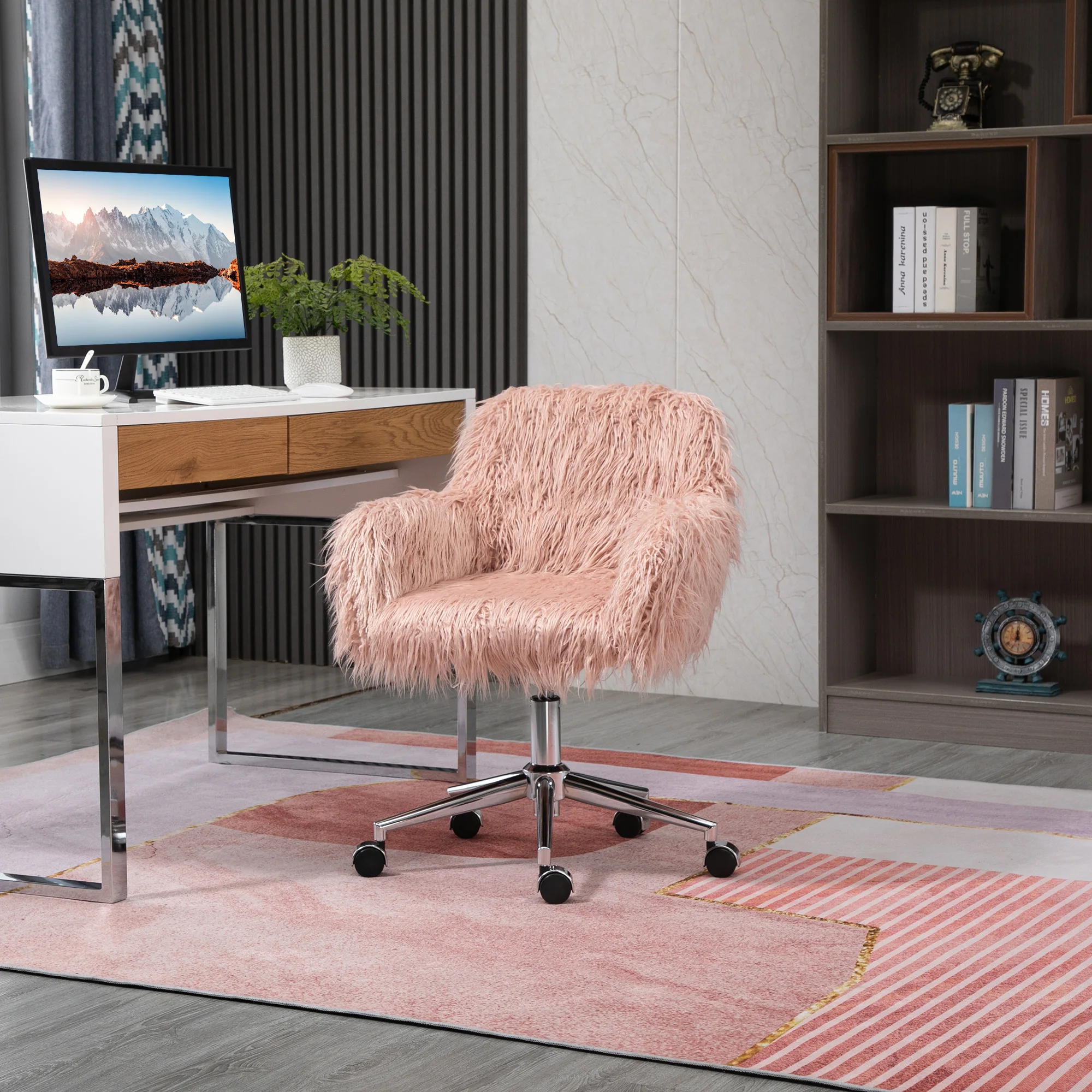

Swivel Faux Fur Office Chair, Vanity Chair W/ Adjustable Height, Wheels, Pink