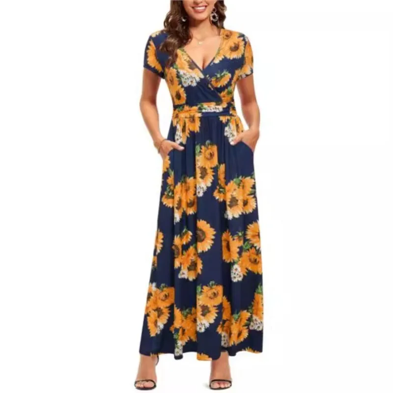 

Women Summer Dress New Sunflower Print V-neck Short Sleeve Wrap Chest Short-Sleeved Pocket Woman Dresses Female Commute Vestidos